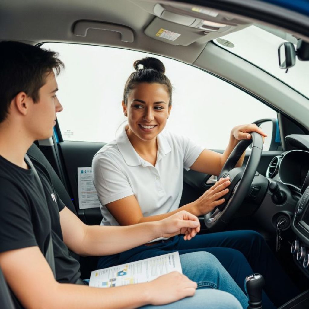 Instructor giving a driving lesson to a student inside a car – driver’s training near me.