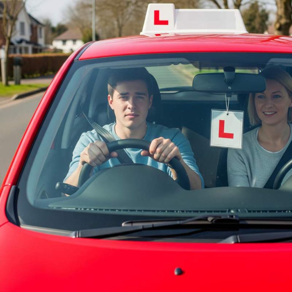Student receiving drivers training near Arlington in a red learner car.