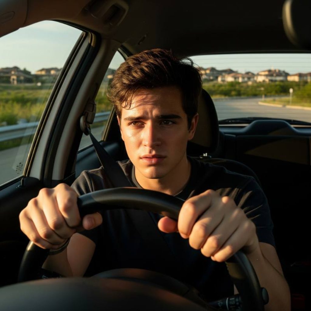 Focused student taking driving test near Las Colinas with AA Right Track Driving School